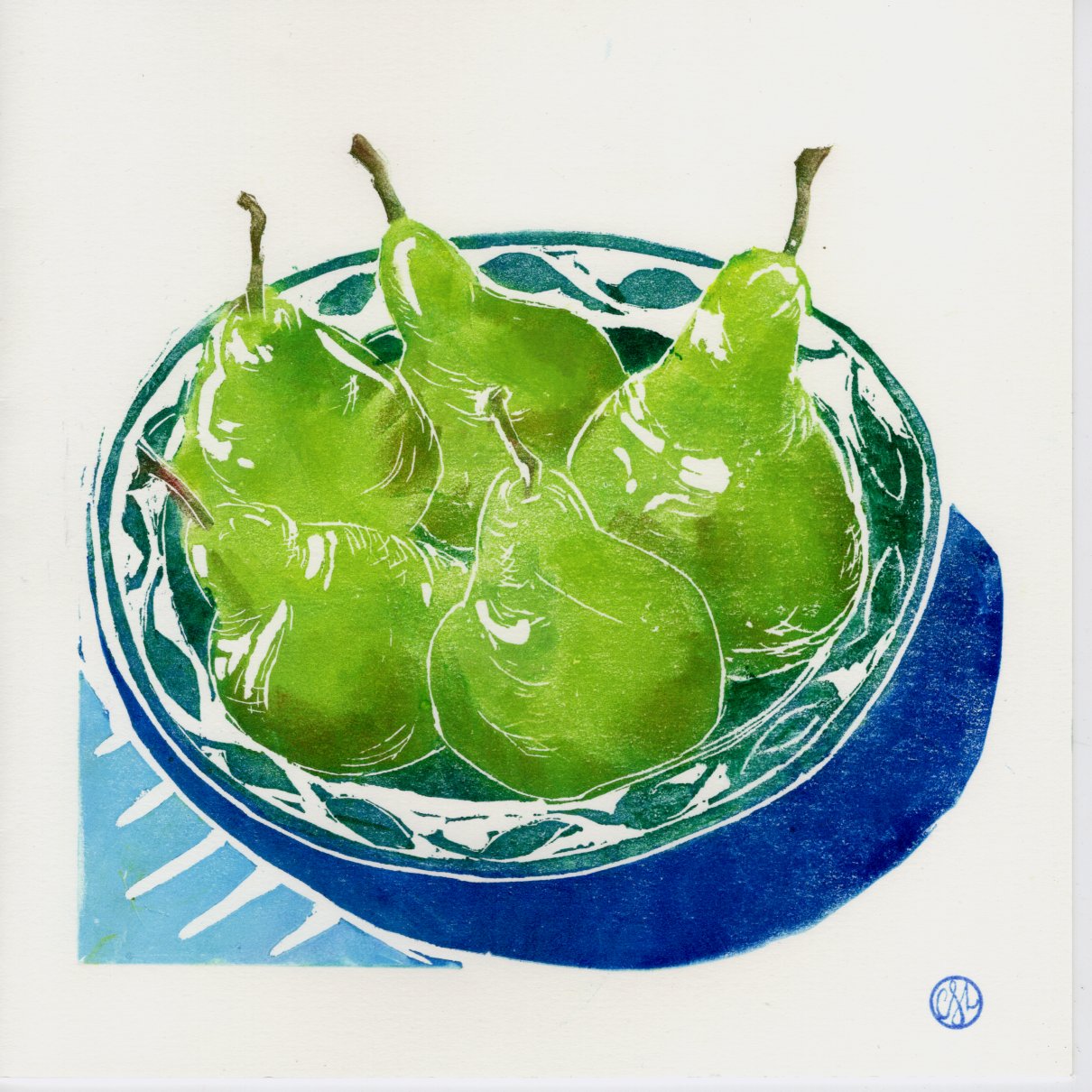 Pears Lino Hand Printed Card by Cressida Lowery